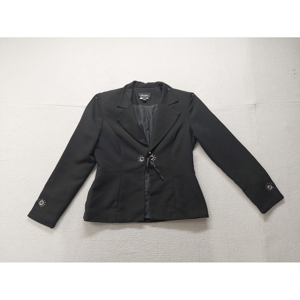 Nueva Women Blazer Jacket 8 Black Ribbon Tie Embroidered Long Sleeve Office Wear